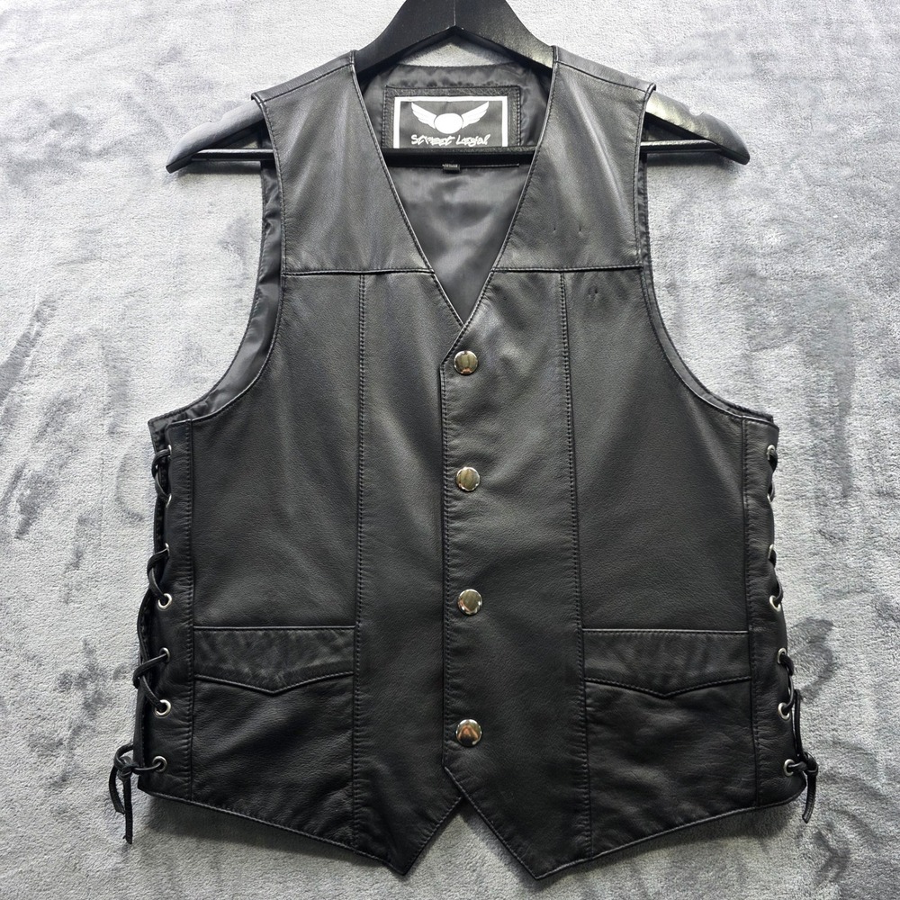 Street Legal Leather Vest Small Black Mens Biker Motorcycle Side Lace Snap Front